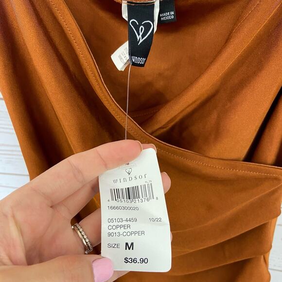 Windsor M Copper Silky Satin Faux Wrap Asymmetrical Spaghetti Strap Mini Dress - Picture 7 of 8